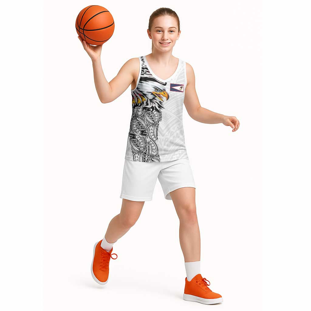 American Samoa Flag Day Basketball Jersey Tribal Tattoo with Eagle White LT03 - Polynesian Pride