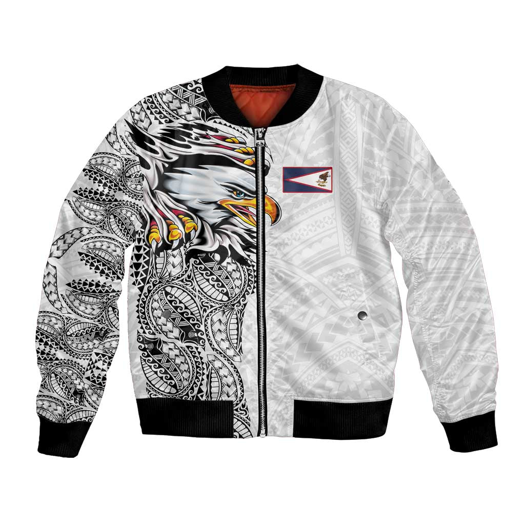 American Samoa Flag Day Bomber Jacket Tribal Tattoo with Eagle White LT03 Unisex White - Polynesian Pride