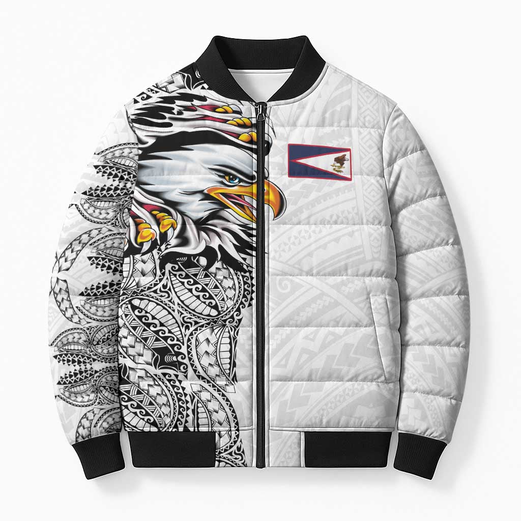 American Samoa Flag Day Bomber Puffer Jacket Tribal Tattoo with Eagle White LT03 Unisex White - Polynesian Pride