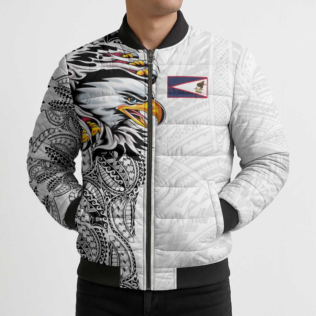 American Samoa Flag Day Bomber Puffer Jacket Tribal Tattoo with Eagle White LT03 - Polynesian Pride