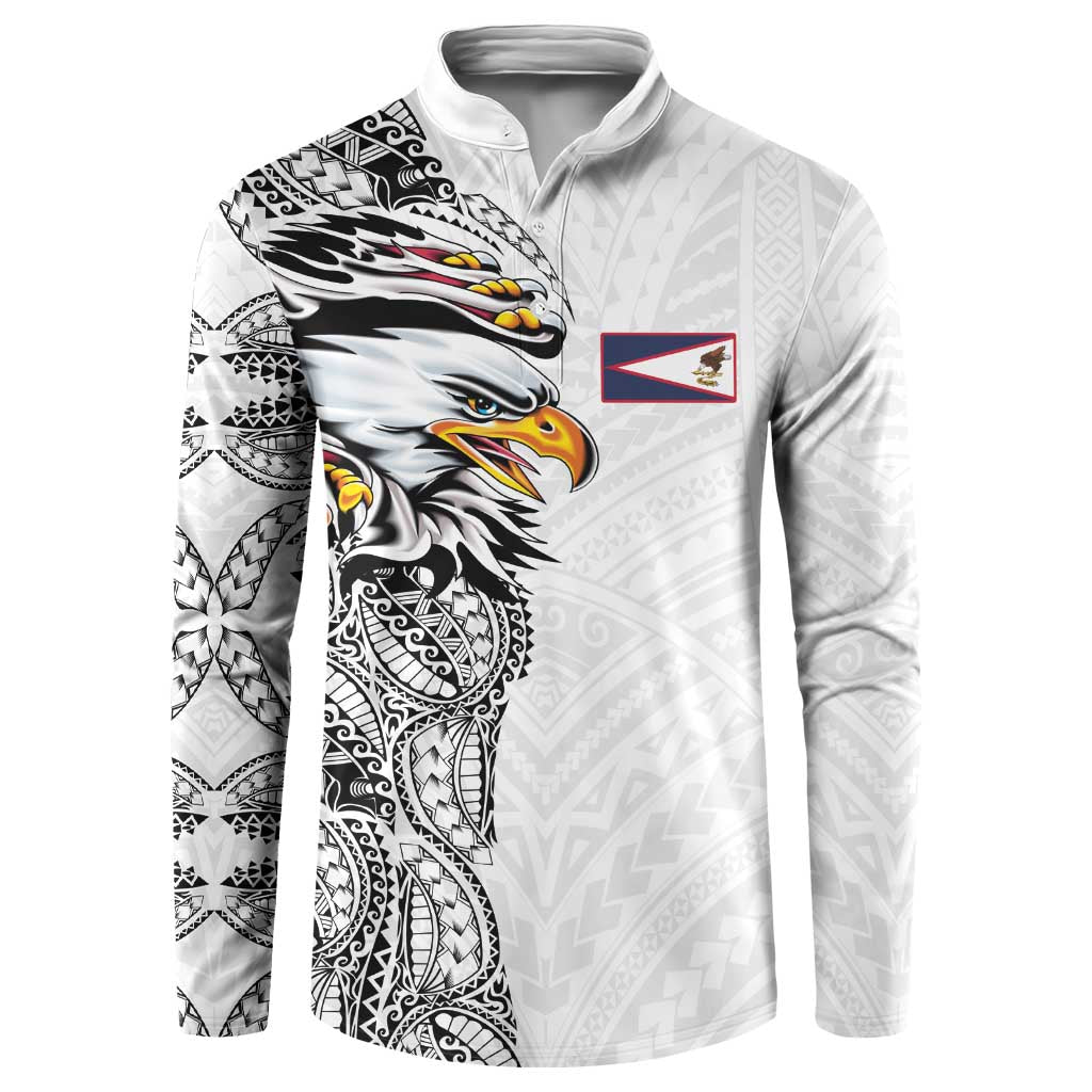 American Samoa Flag Day Button Sweatshirt Tribal Tattoo with Eagle White LT03 White - Polynesian Pride