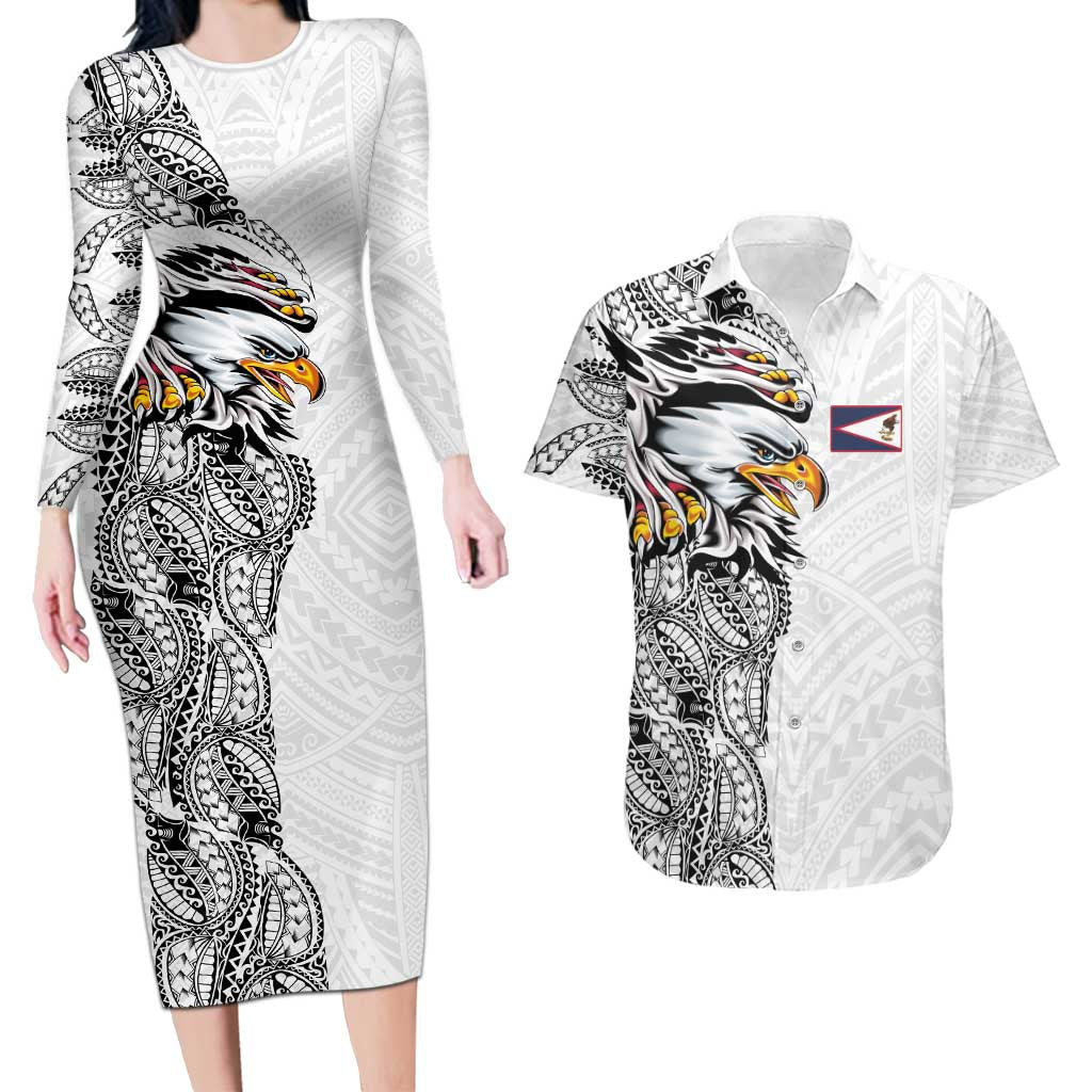 American Samoa Flag Day Couples Matching Long Sleeve Bodycon Dress and Hawaiian Shirt Tribal Tattoo with Eagle White LT03 White - Polynesian Pride