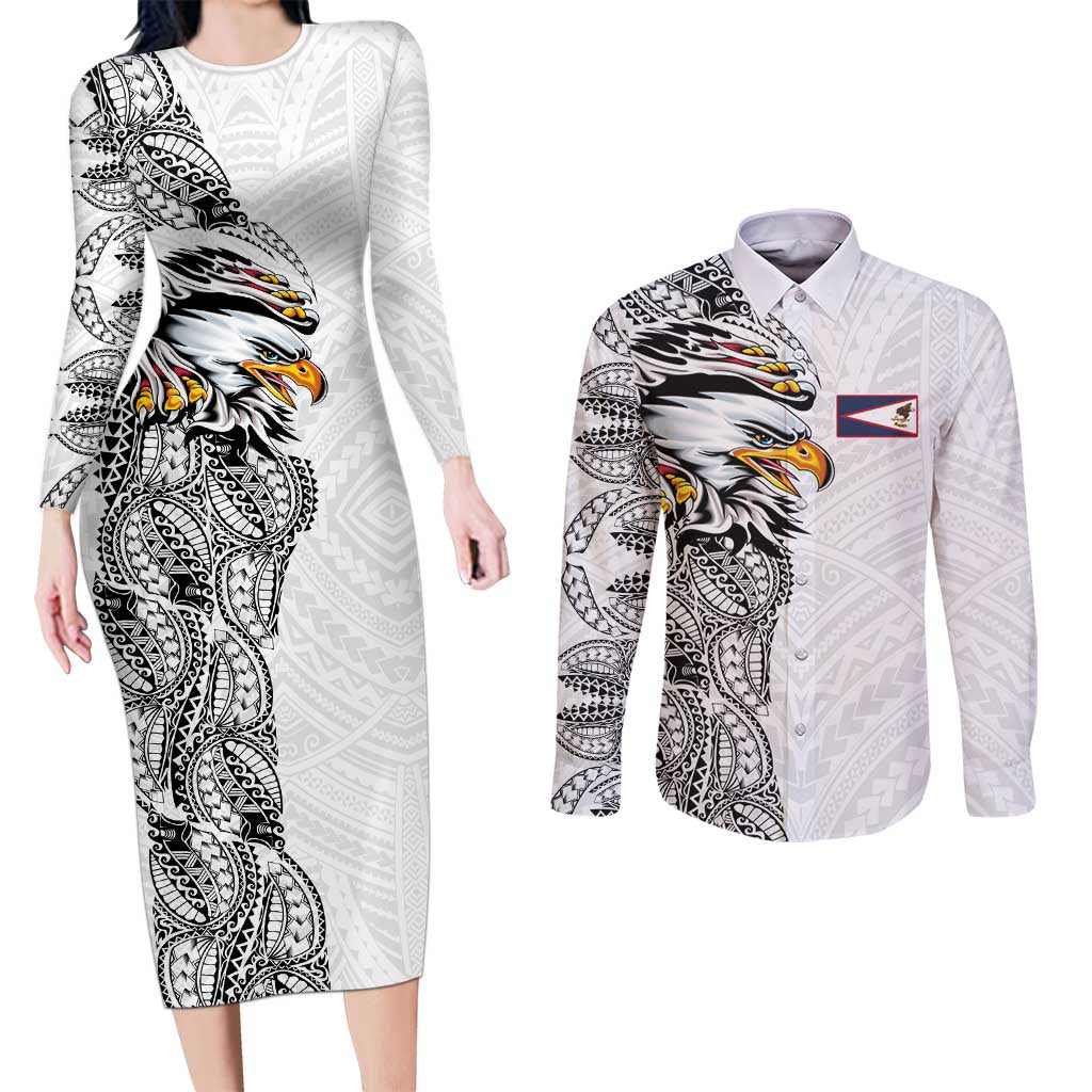 American Samoa Flag Day Couples Matching Long Sleeve Bodycon Dress and Long Sleeve Button Shirt Tribal Tattoo with Eagle White LT03 White - Polynesian Pride