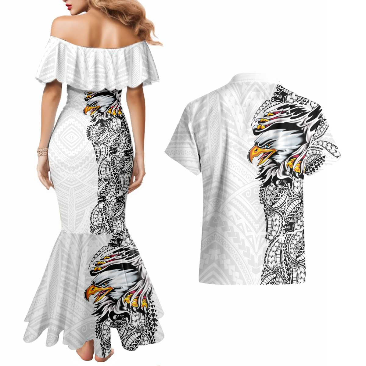 American Samoa Flag Day Couples Matching Mermaid Dress and Hawaiian Shirt Tribal Tattoo with Eagle White LT03 - Polynesian Pride
