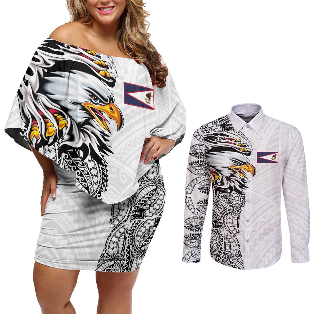 American Samoa Flag Day Couples Matching Off Shoulder Short Dress and Long Sleeve Button Shirt Tribal Tattoo with Eagle White LT03 White - Polynesian Pride