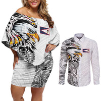 American Samoa Flag Day Couples Matching Off Shoulder Short Dress and Long Sleeve Button Shirt Tribal Tattoo with Eagle White LT03 White - Polynesian Pride