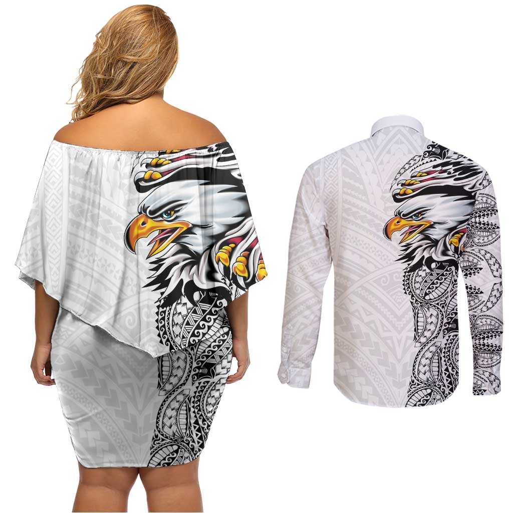 American Samoa Flag Day Couples Matching Off Shoulder Short Dress and Long Sleeve Button Shirt Tribal Tattoo with Eagle White LT03 - Polynesian Pride