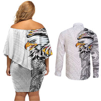 American Samoa Flag Day Couples Matching Off Shoulder Short Dress and Long Sleeve Button Shirt Tribal Tattoo with Eagle White LT03 - Polynesian Pride