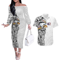 American Samoa Flag Day Couples Matching Off The Shoulder Long Sleeve Dress and Hawaiian Shirt Tribal Tattoo with Eagle White