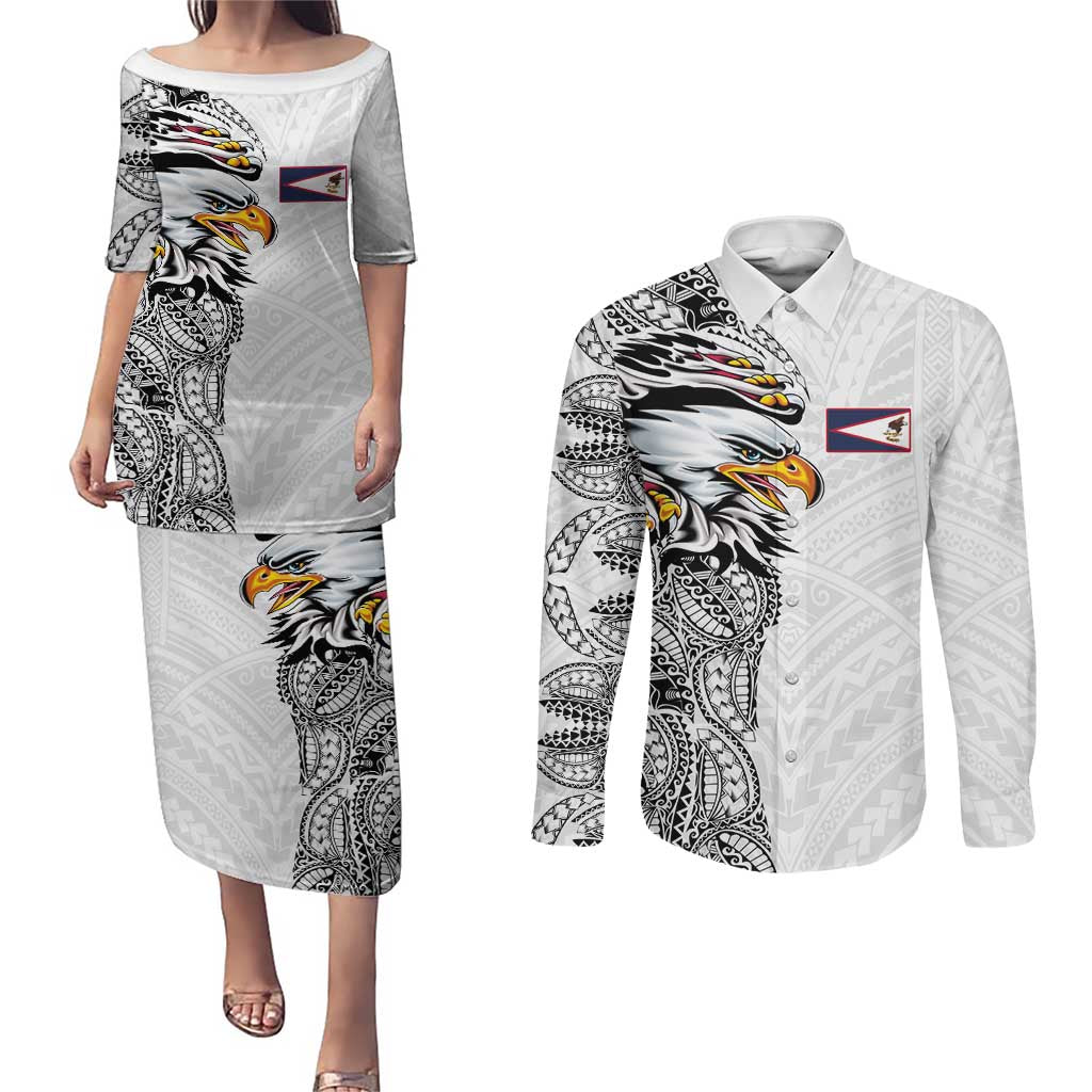 American Samoa Flag Day Couples Matching Puletasi and Long Sleeve Button Shirt Tribal Tattoo with Eagle White LT03 White - Polynesian Pride