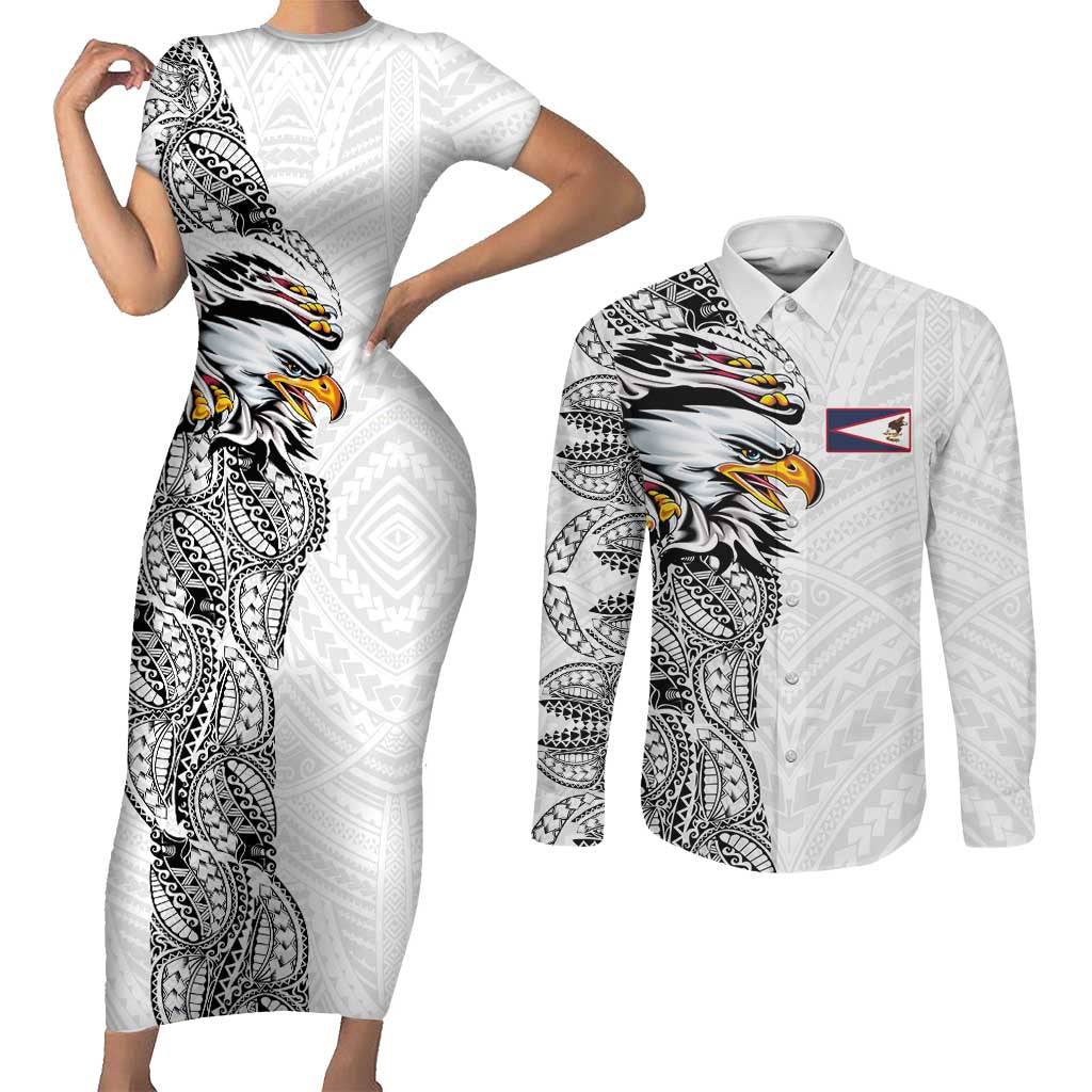 American Samoa Flag Day Couples Matching Short Sleeve Bodycon Dress and Long Sleeve Button Shirt Tribal Tattoo with Eagle White LT03 White - Polynesian Pride
