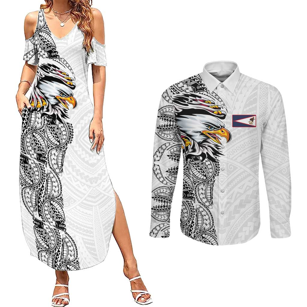 American Samoa Flag Day Couples Matching Summer Maxi Dress and Long Sleeve Button Shirt Tribal Tattoo with Eagle White LT03 White - Polynesian Pride