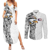 American Samoa Flag Day Couples Matching Summer Maxi Dress and Long Sleeve Button Shirt Tribal Tattoo with Eagle White LT03 White - Polynesian Pride