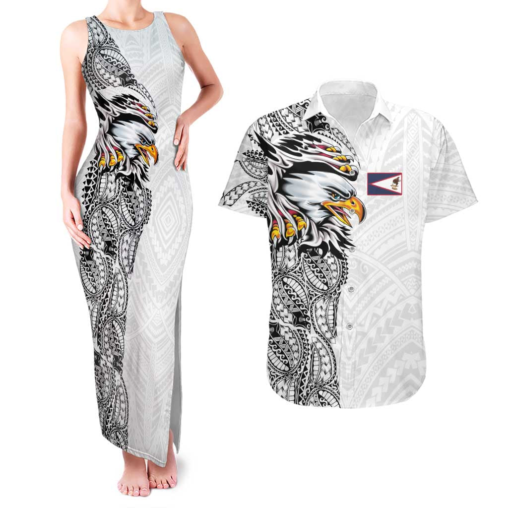 American Samoa Flag Day Couples Matching Tank Maxi Dress and Hawaiian Shirt Tribal Tattoo with Eagle White LT03 White - Polynesian Pride