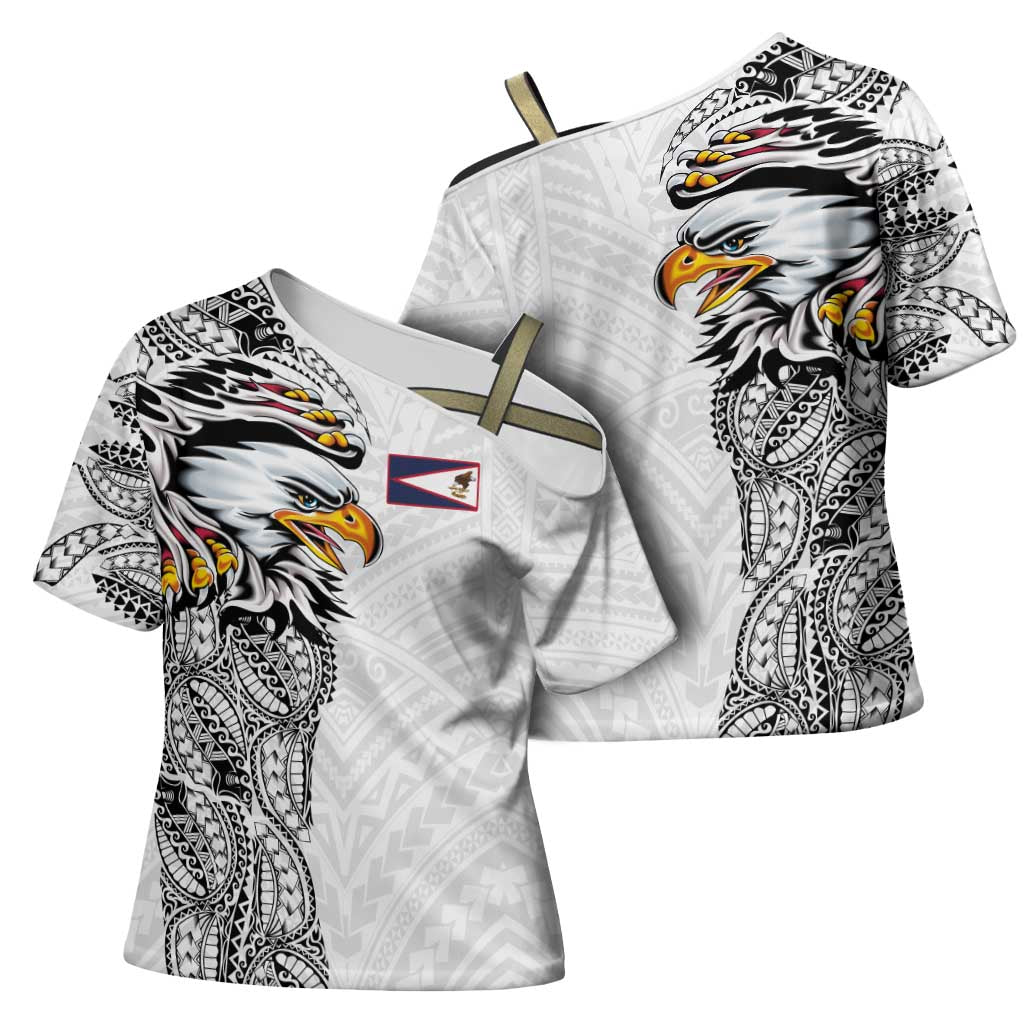 American Samoa Flag Day Cross Shoulder Shirt Tribal Tattoo with Eagle White LT03 - Polynesian Pride