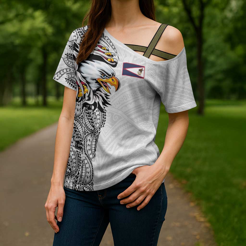 American Samoa Flag Day Cross Shoulder Shirt Tribal Tattoo with Eagle White LT03 - Polynesian Pride