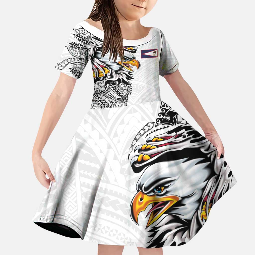 American Samoa Flag Day Family Matching Long Sleeve Bodycon Dress and Hawaiian Shirt Tribal Tattoo with Eagle White