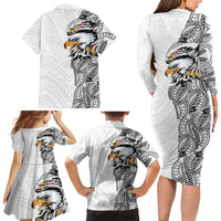 American Samoa Flag Day Family Matching Long Sleeve Bodycon Dress and Hawaiian Shirt Tribal Tattoo with Eagle White