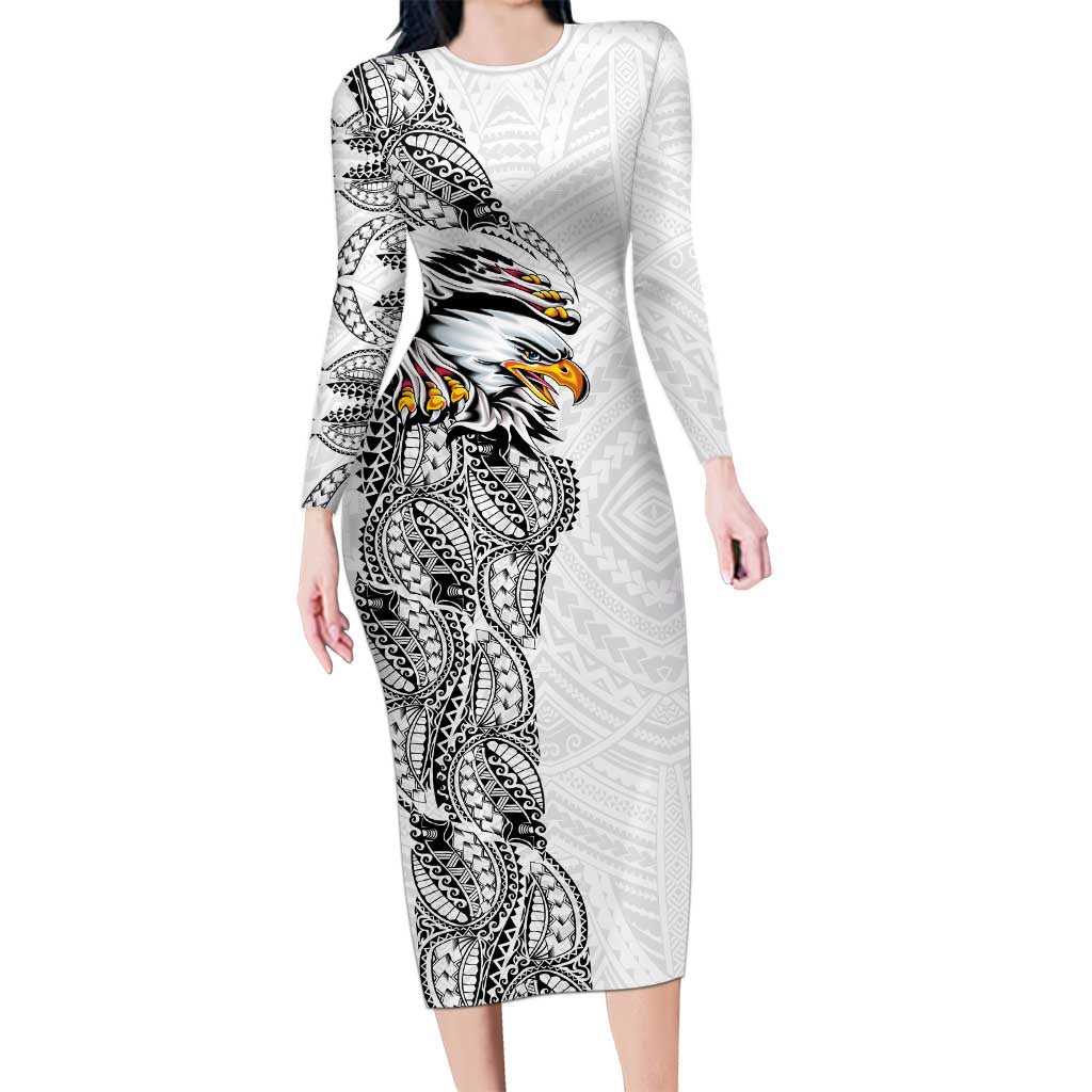 American Samoa Flag Day Family Matching Long Sleeve Bodycon Dress and Hawaiian Shirt Tribal Tattoo with Eagle White