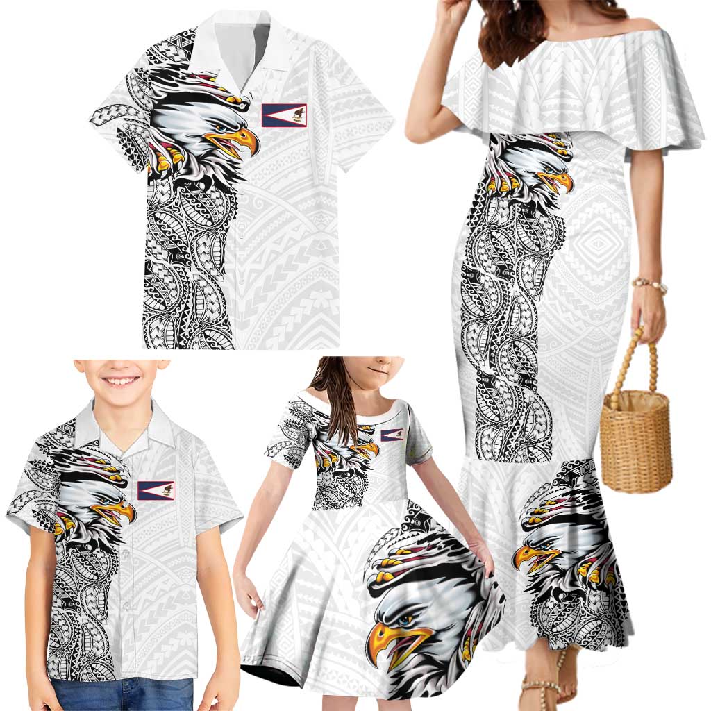 American Samoa Flag Day Family Matching Mermaid Dress and Hawaiian Shirt Tribal Tattoo with Eagle White LT03 - Polynesian Pride