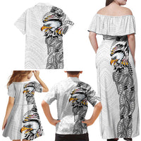 American Samoa Flag Day Family Matching Off Shoulder Maxi Dress and Hawaiian Shirt Tribal Tattoo with Eagle White