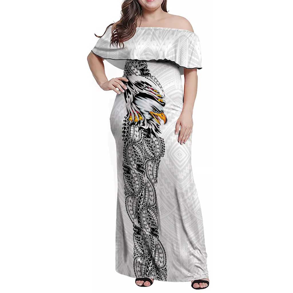 American Samoa Flag Day Family Matching Off Shoulder Maxi Dress and Hawaiian Shirt Tribal Tattoo with Eagle White