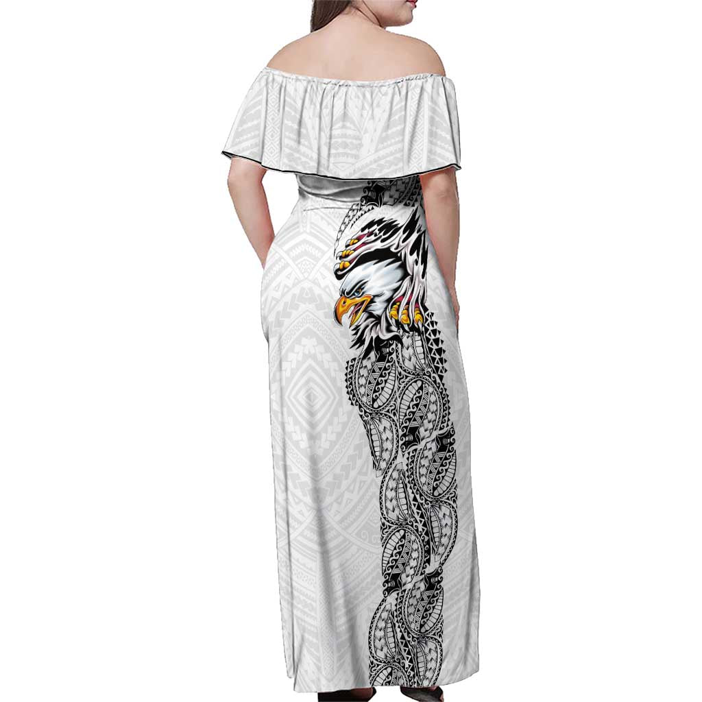 American Samoa Flag Day Family Matching Off Shoulder Maxi Dress and Hawaiian Shirt Tribal Tattoo with Eagle White