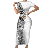 American Samoa Flag Day Family Matching Short Sleeve Bodycon Dress and Hawaiian Shirt Tribal Tattoo with Eagle White