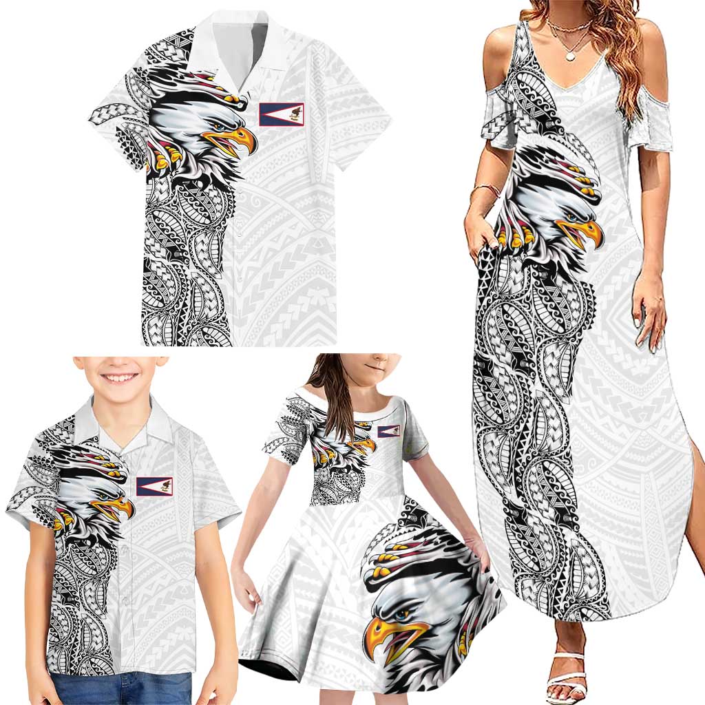 American Samoa Flag Day Family Matching Summer Maxi Dress and Hawaiian Shirt Tribal Tattoo with Eagle White LT03 - Polynesian Pride