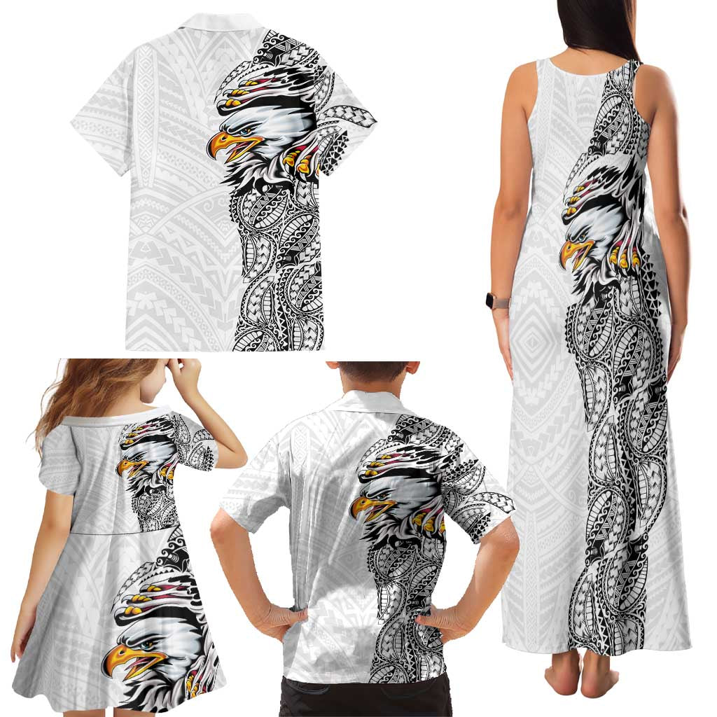 American Samoa Flag Day Family Matching Tank Maxi Dress and Hawaiian Shirt Tribal Tattoo with Eagle White