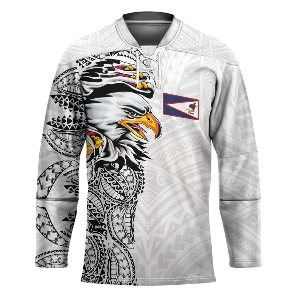 American Samoa Flag Day Hockey Jersey Tribal Tattoo with Eagle White