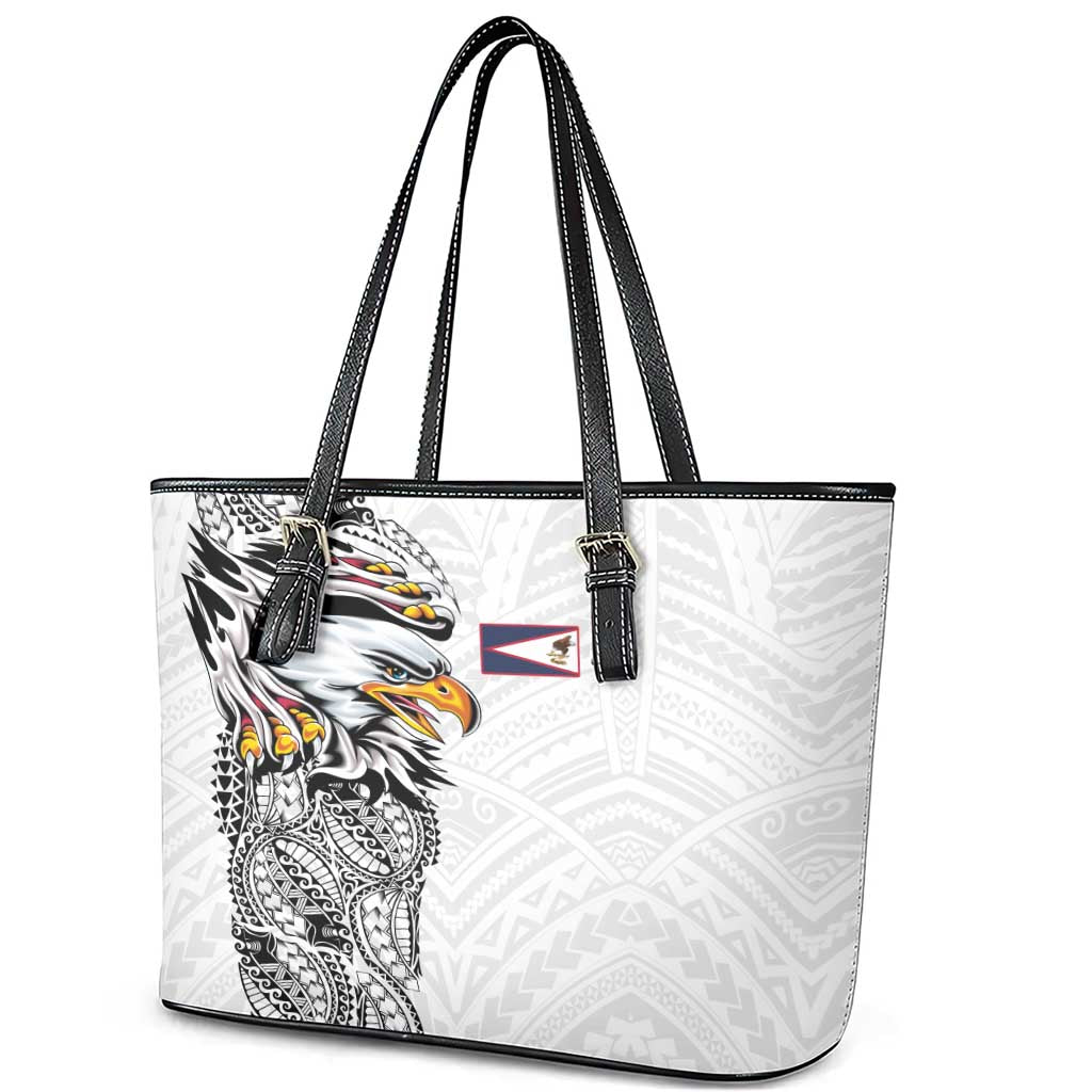 American Samoa Flag Day Leather Tote Bag Tribal Tattoo with Eagle White LT03 - Polynesian Pride