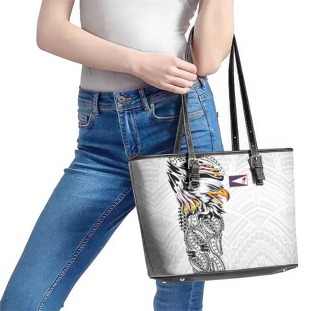 American Samoa Flag Day Leather Tote Bag Tribal Tattoo with Eagle White LT03 - Polynesian Pride