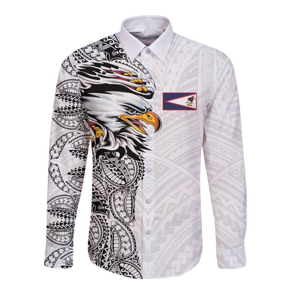 American Samoa Flag Day Long Sleeve Button Shirt Tribal Tattoo with Eagle White LT03 Unisex White - Polynesian Pride
