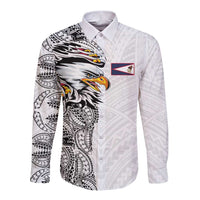 American Samoa Flag Day Long Sleeve Button Shirt Tribal Tattoo with Eagle White LT03 Unisex White - Polynesian Pride
