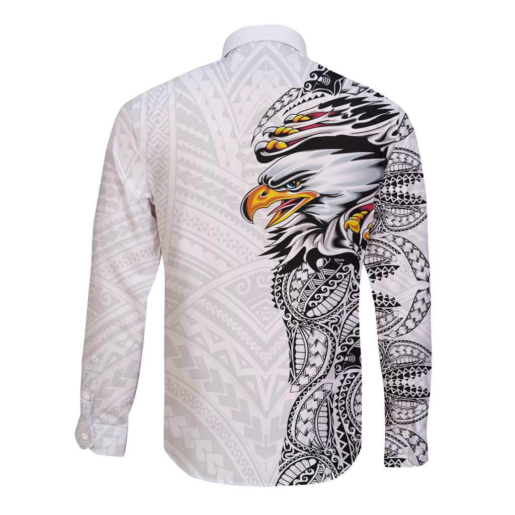 American Samoa Flag Day Long Sleeve Button Shirt Tribal Tattoo with Eagle White LT03 - Polynesian Pride