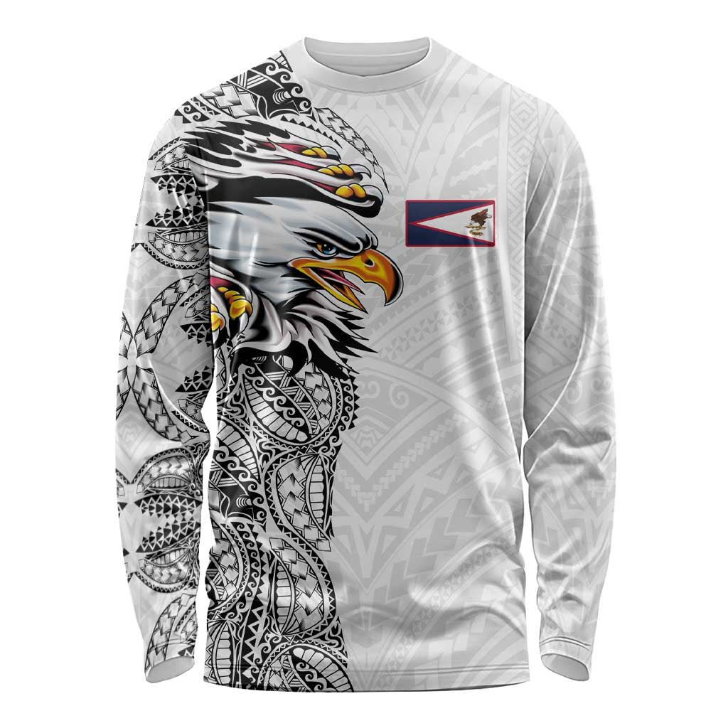 American Samoa Flag Day Long Sleeve Shirt Tribal Tattoo with Eagle White LT03 Unisex White - Polynesian Pride