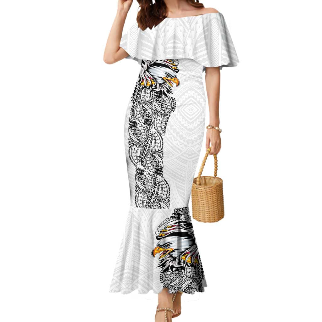 American Samoa Flag Day Mermaid Dress Tribal Tattoo with Eagle White LT03 Women White - Polynesian Pride