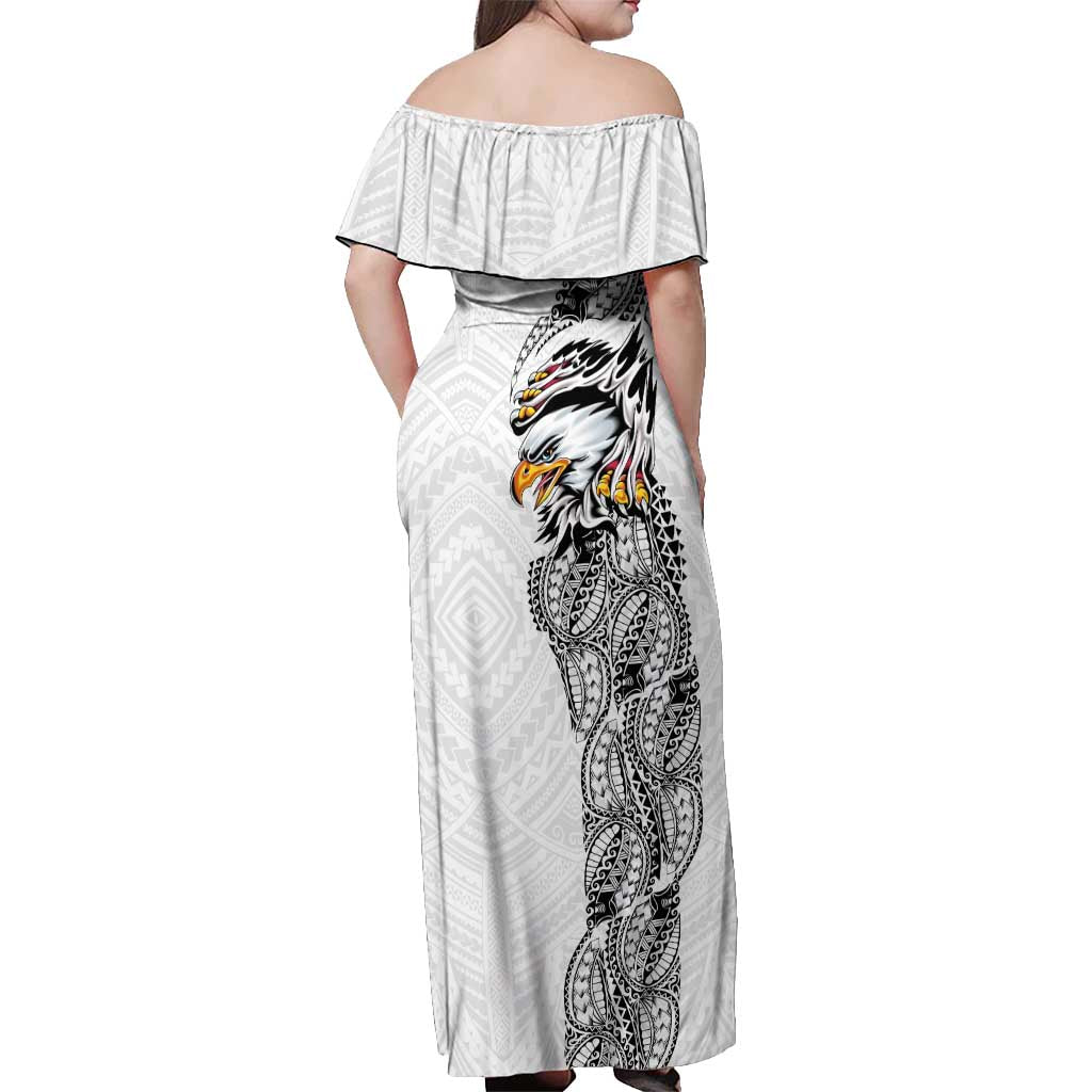 American Samoa Flag Day Off Shoulder Maxi Dress Tribal Tattoo with Eagle White LT03 - Polynesian Pride