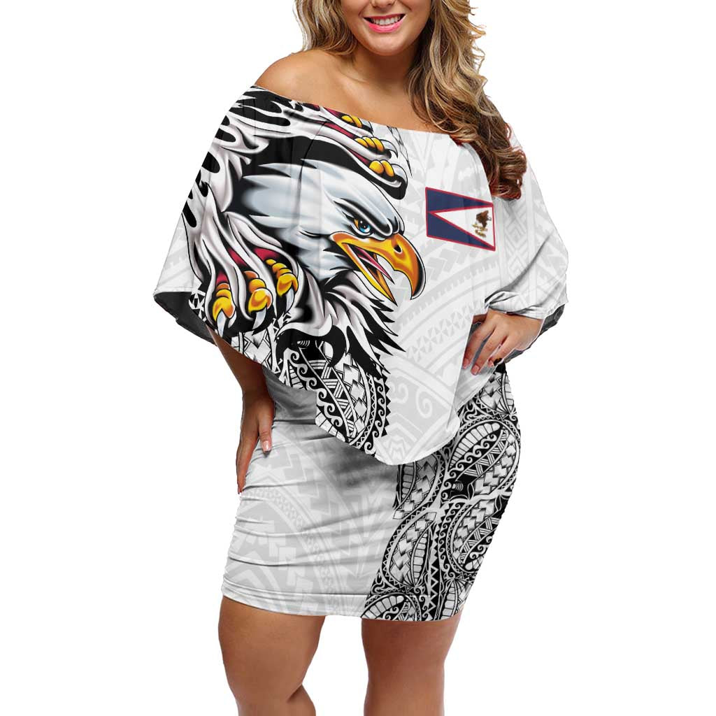 American Samoa Flag Day Off Shoulder Short Dress Tribal Tattoo with Eagle White LT03 Women White - Polynesian Pride