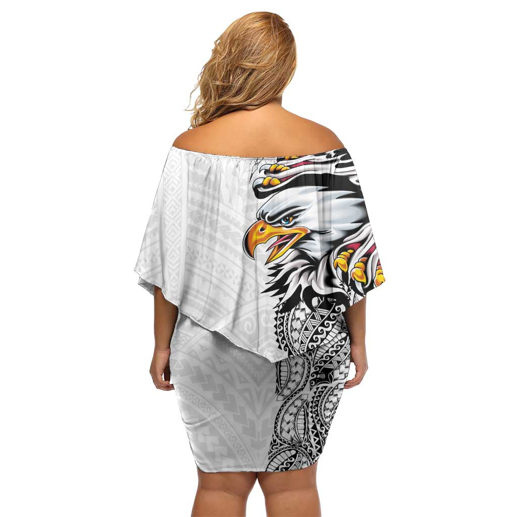 American Samoa Flag Day Off Shoulder Short Dress Tribal Tattoo with Eagle White LT03 - Polynesian Pride