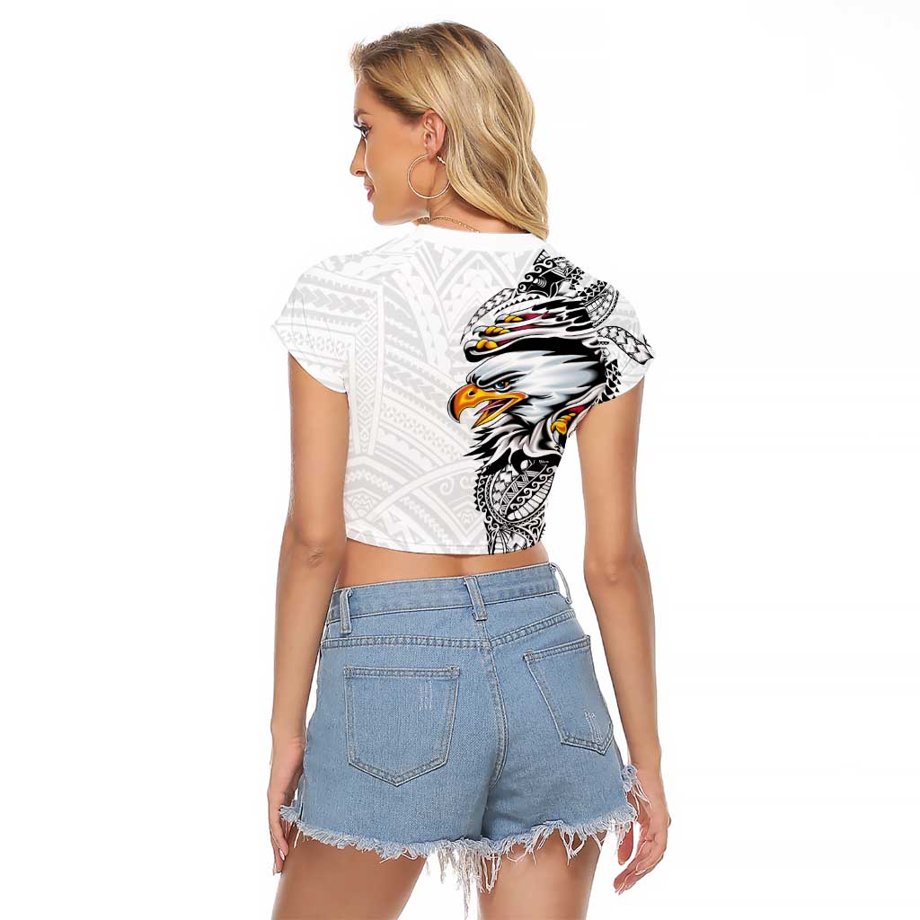 American Samoa Flag Day Raglan Cropped T Shirt Tribal Tattoo with Eagle White LT03 - Polynesian Pride