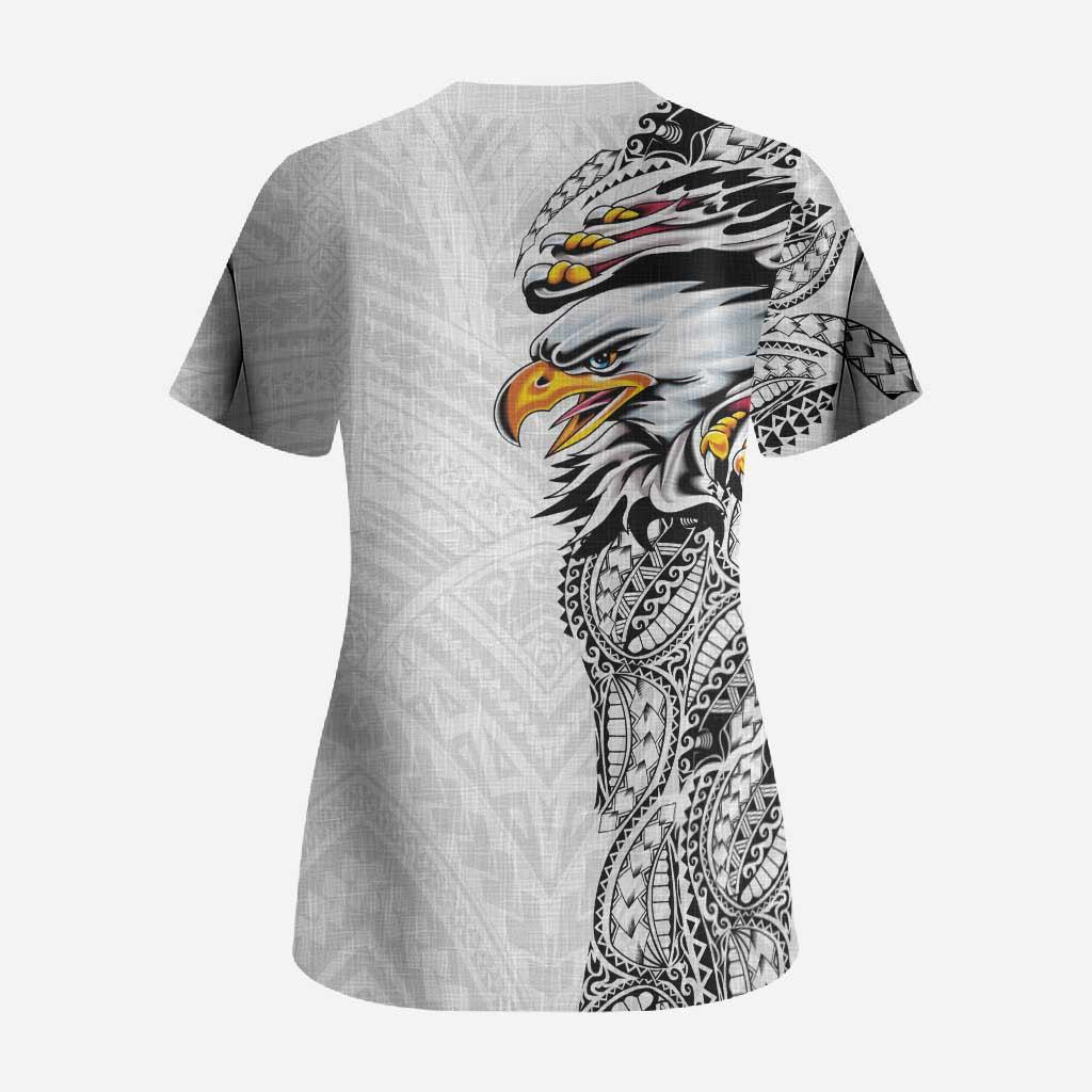 American Samoa Flag Day Scrub Top Tribal Tattoo with Eagle White LT03 - Polynesian Pride