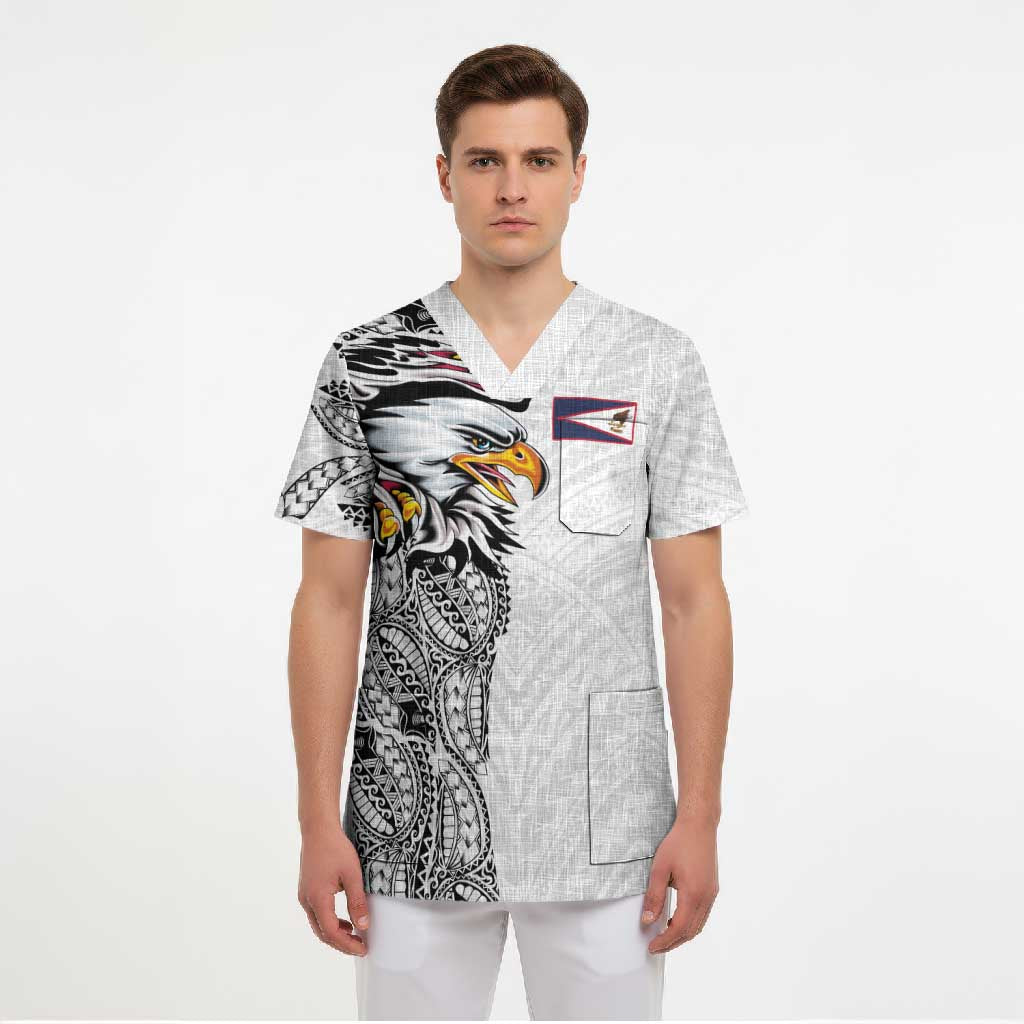 American Samoa Flag Day Scrub Top Tribal Tattoo with Eagle White LT03 - Polynesian Pride