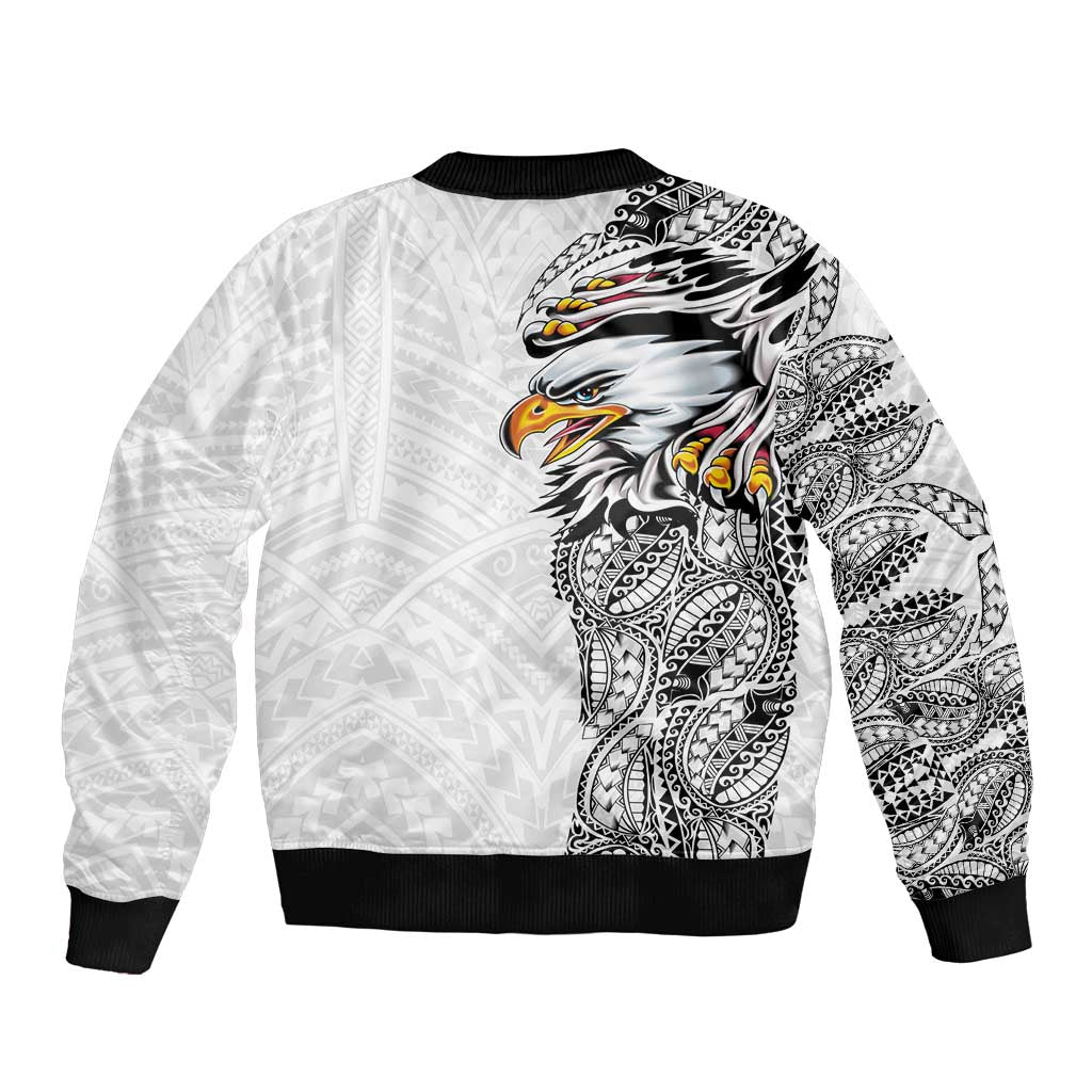 American Samoa Flag Day Sleeve Zip Bomber Jacket Tribal Tattoo with Eagle White LT03 - Polynesian Pride