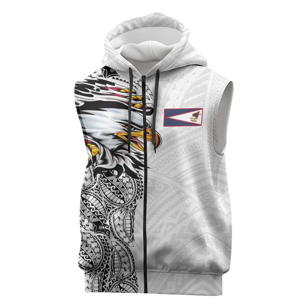 American Samoa Flag Day Sleeveless Zip Hoodie Tribal Tattoo with Eagle White LT03 White - Polynesian Pride