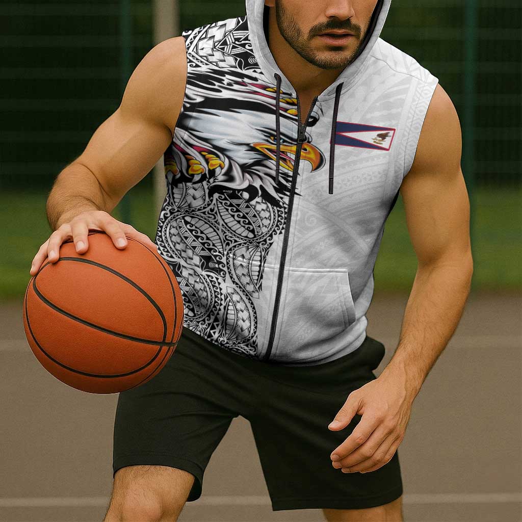 American Samoa Flag Day Sleeveless Zip Hoodie Tribal Tattoo with Eagle White LT03 - Polynesian Pride