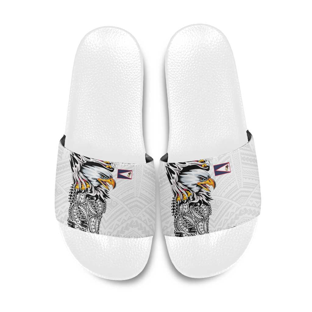 American Samoa Flag Day Slide Sandals Tribal Tattoo with Eagle White LT03 White - Polynesian Pride