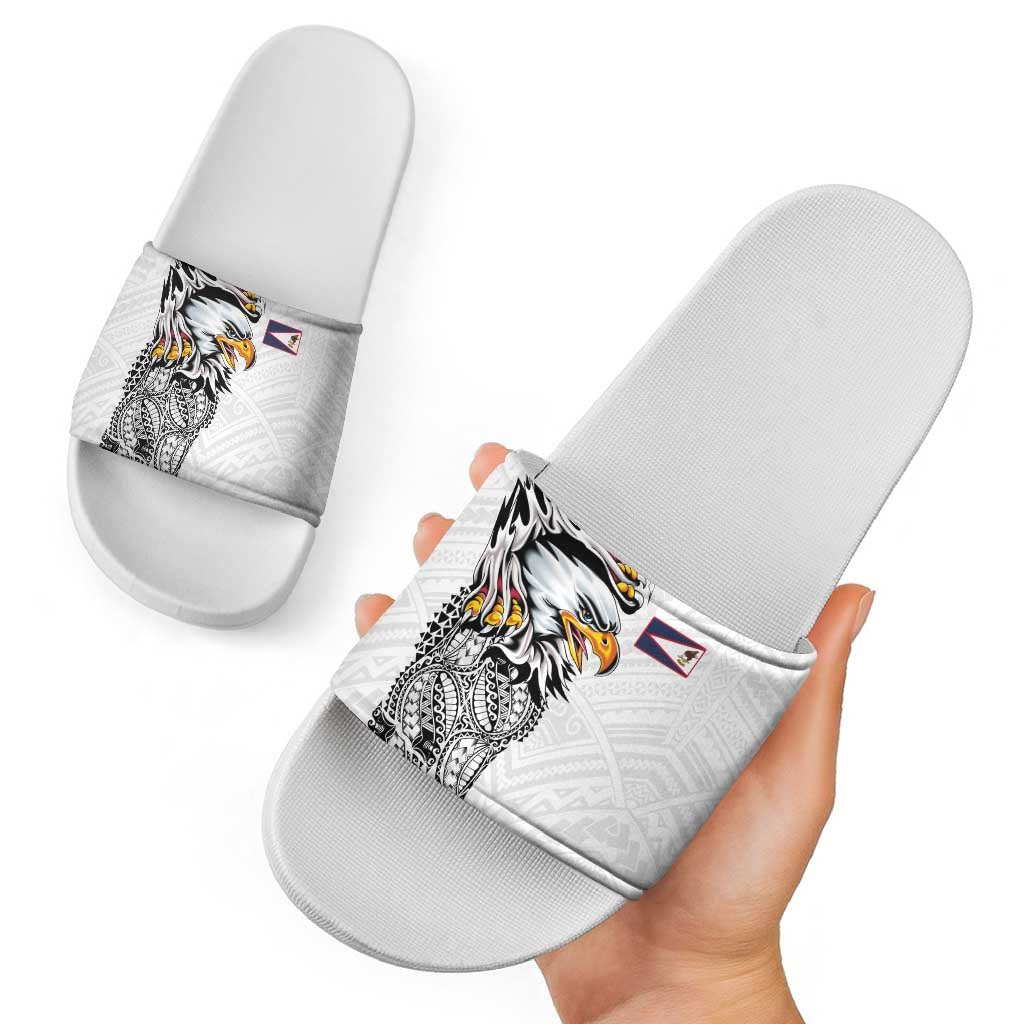 American Samoa Flag Day Slide Sandals Tribal Tattoo with Eagle White LT03 - Polynesian Pride