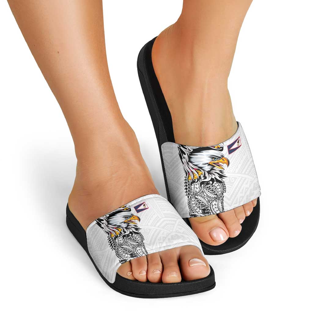 American Samoa Flag Day Slide Sandals Tribal Tattoo with Eagle White LT03 - Polynesian Pride